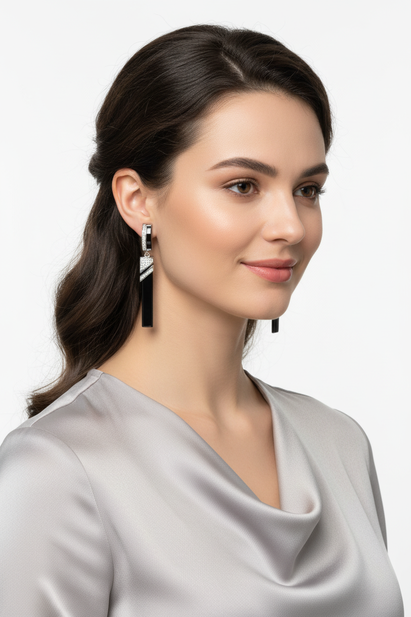 Midnight Prism Drop Earrings worn on both ears