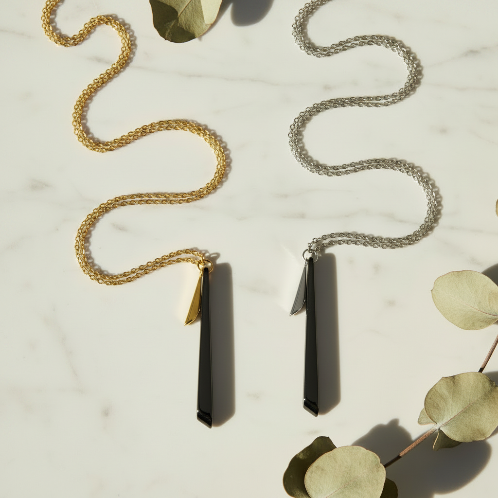 Midnight Shard Pendant – Thin Chain Flat Lay