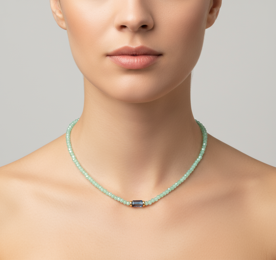 Mint green beaded necklace on model