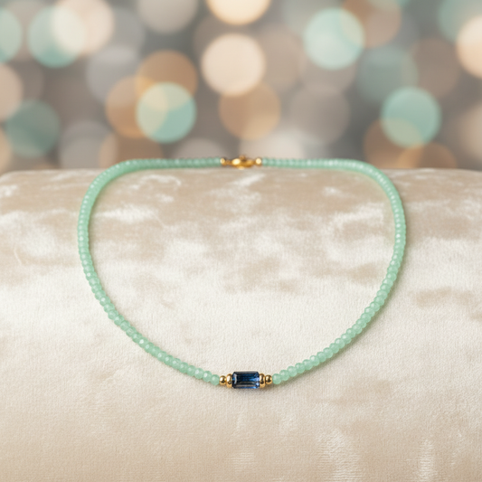 Mint green beaded necklace with elegant background