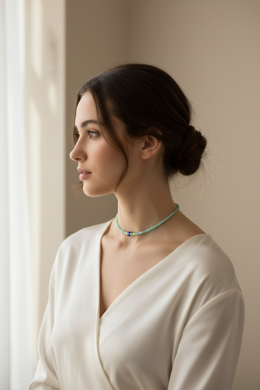 Mint green crystal necklace on model's neck