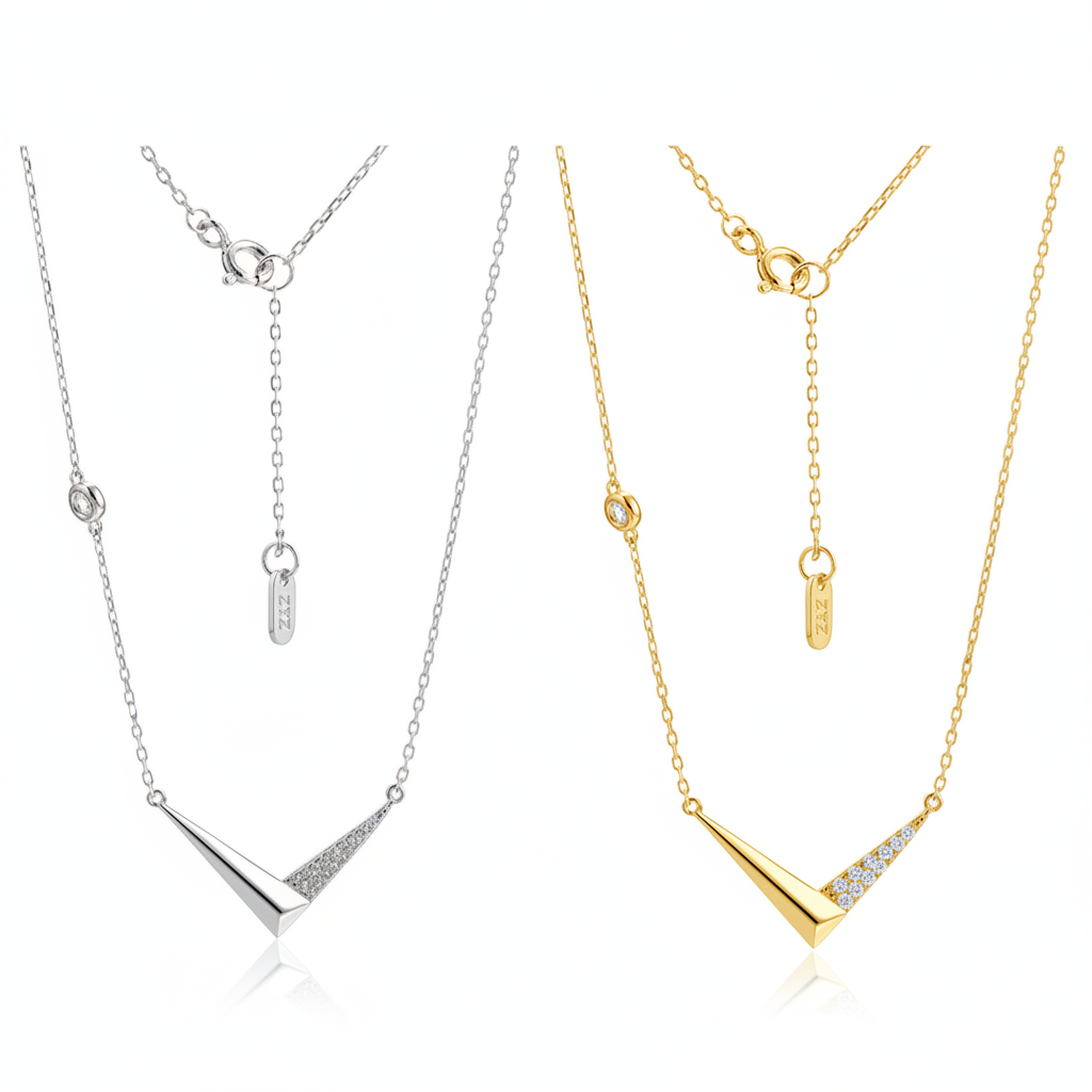 Modern V CZ Chevron Necklace – Silver & Gold