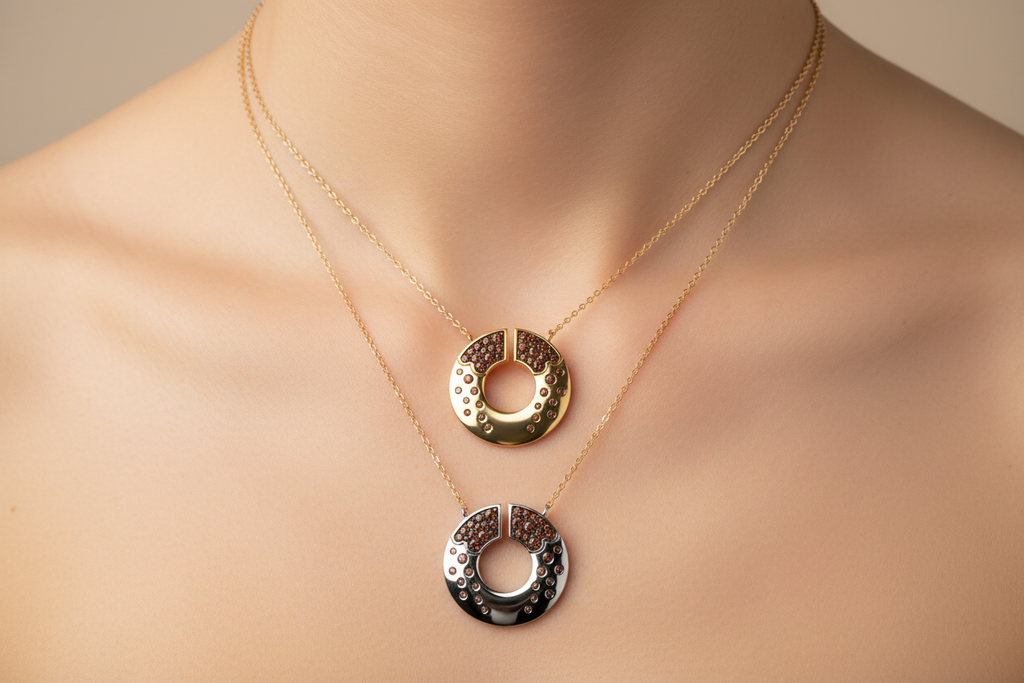 Molten Ember Necklace Gold and Silver on Neck
