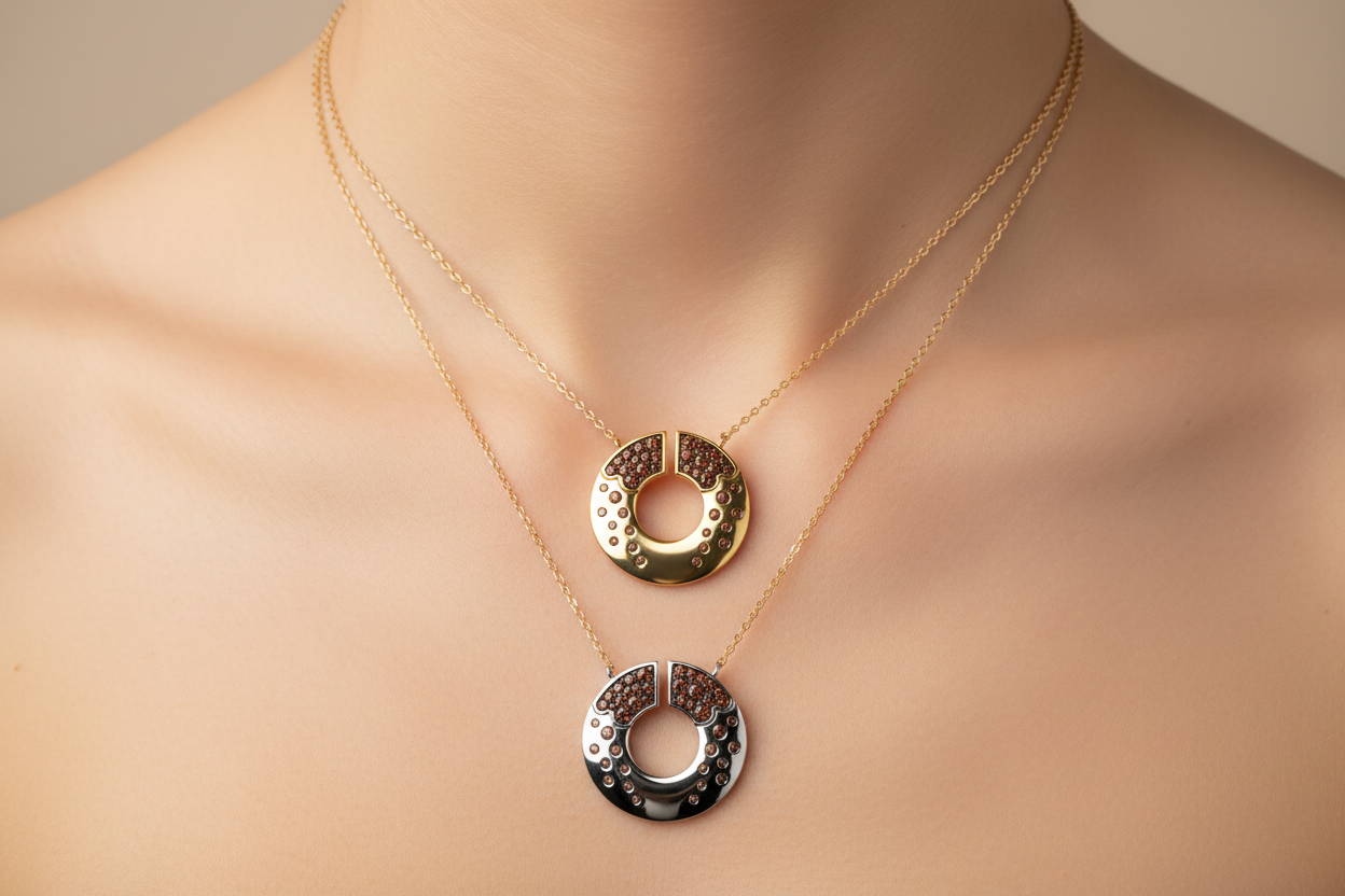 Molten Ember Necklace Gold and Silver on Neck