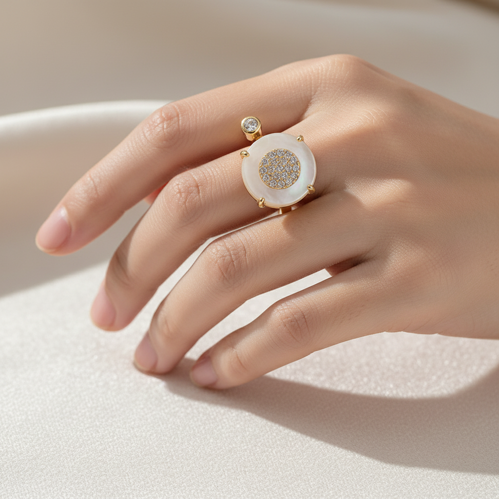 Mother of Pearl Crystal Pavé Ring on Finger