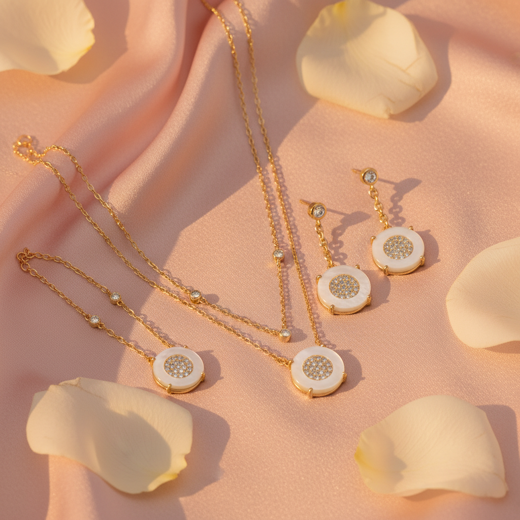 Mother of Pearl Jewelry Set Flat Lay