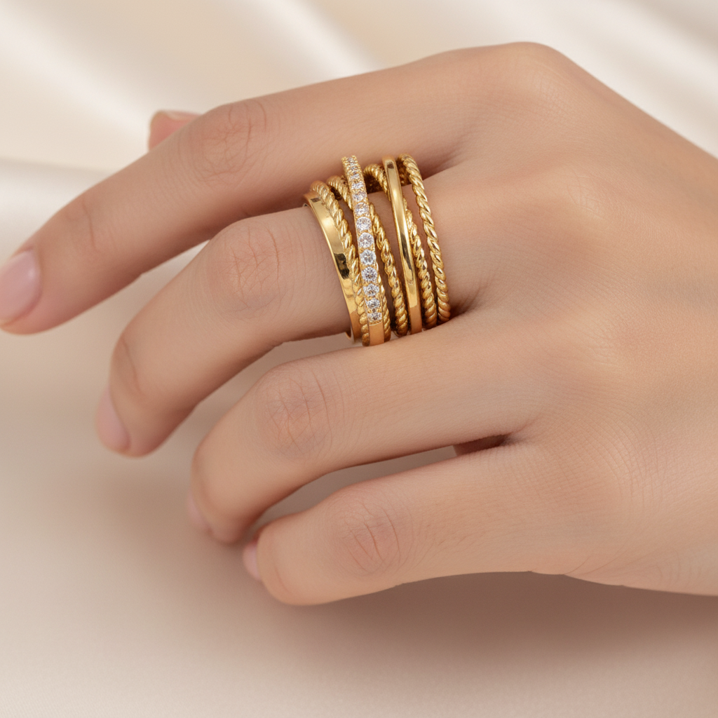 Multi-Band Rope & Crystal Ring in Gold on Model