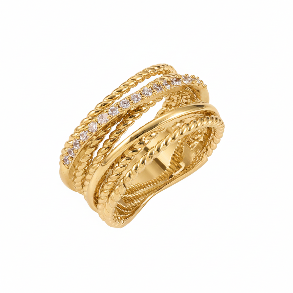 Multi-Band Rope & Crystal Ring in Gold