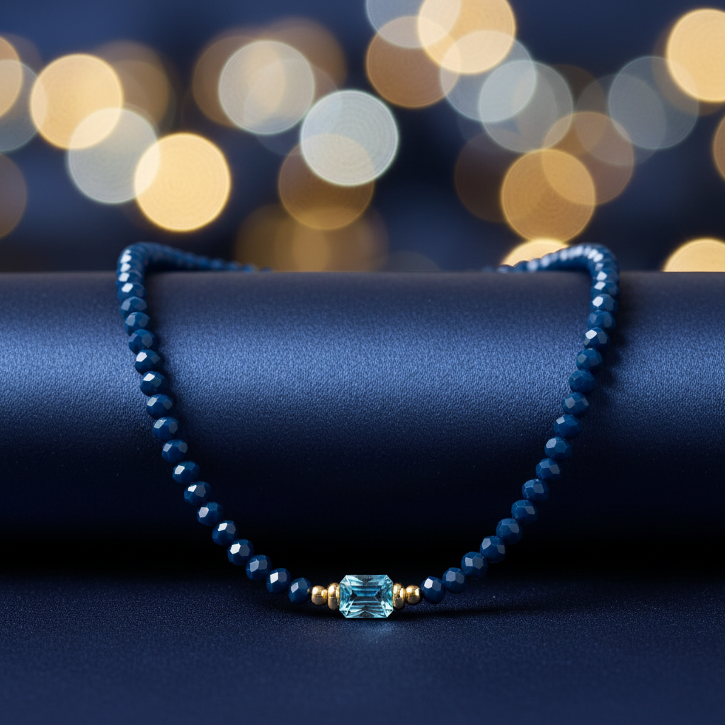Navy blue beaded necklace with elegant background