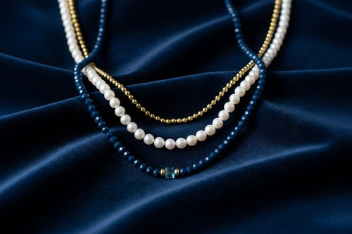 Navy layered with gold and pearl necklaces