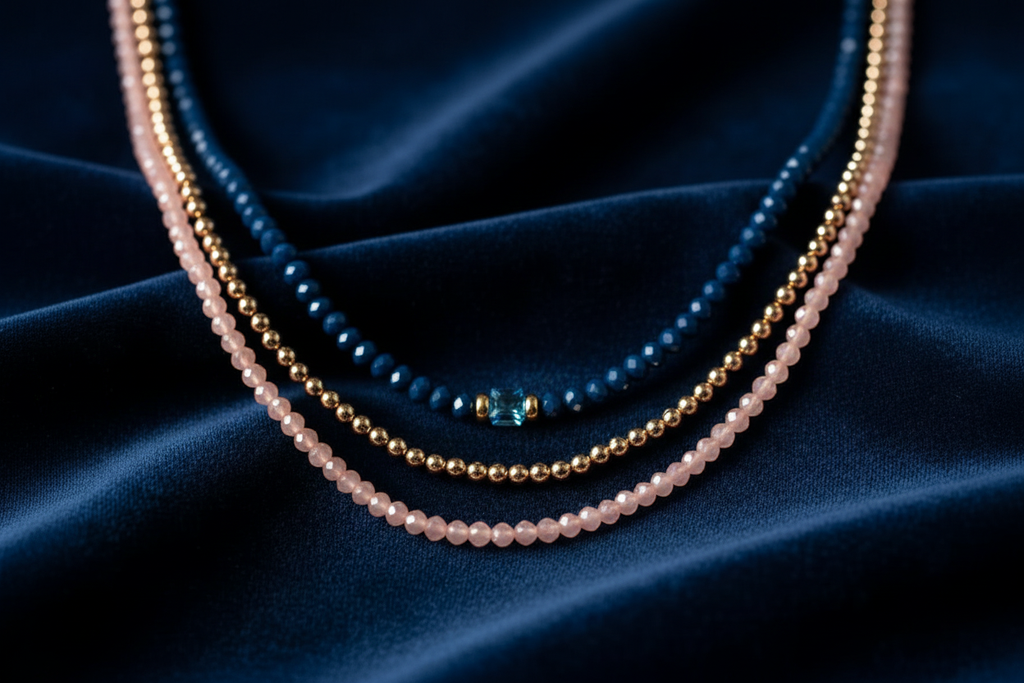 Navy layered with rose gold and blush pink necklaces