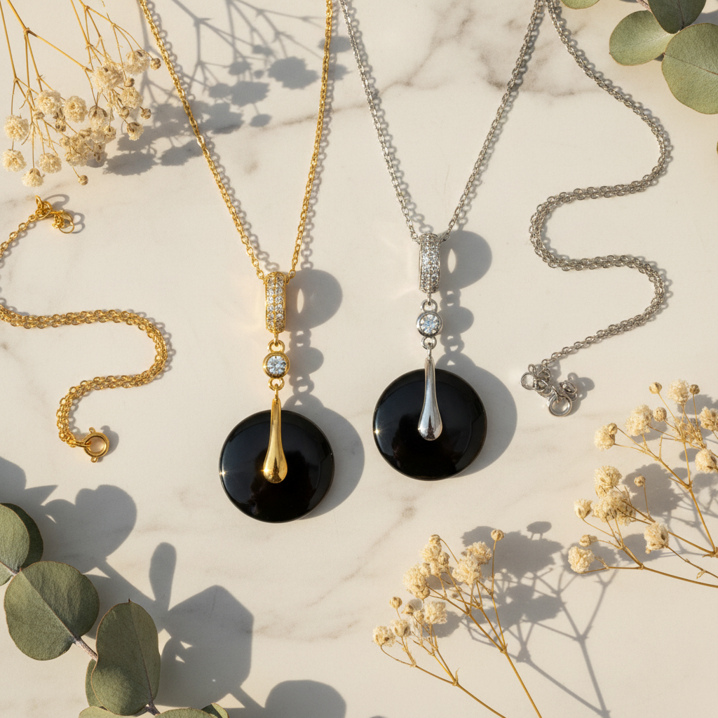 Noir Eclipse Drop Necklace – Gold & Silver Flat Lay