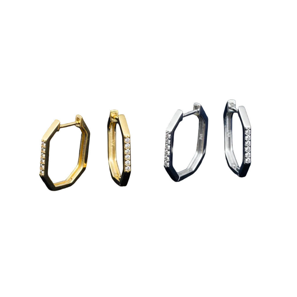 Octagon Hoop Earrings Gold & Silver on Navy Velvet