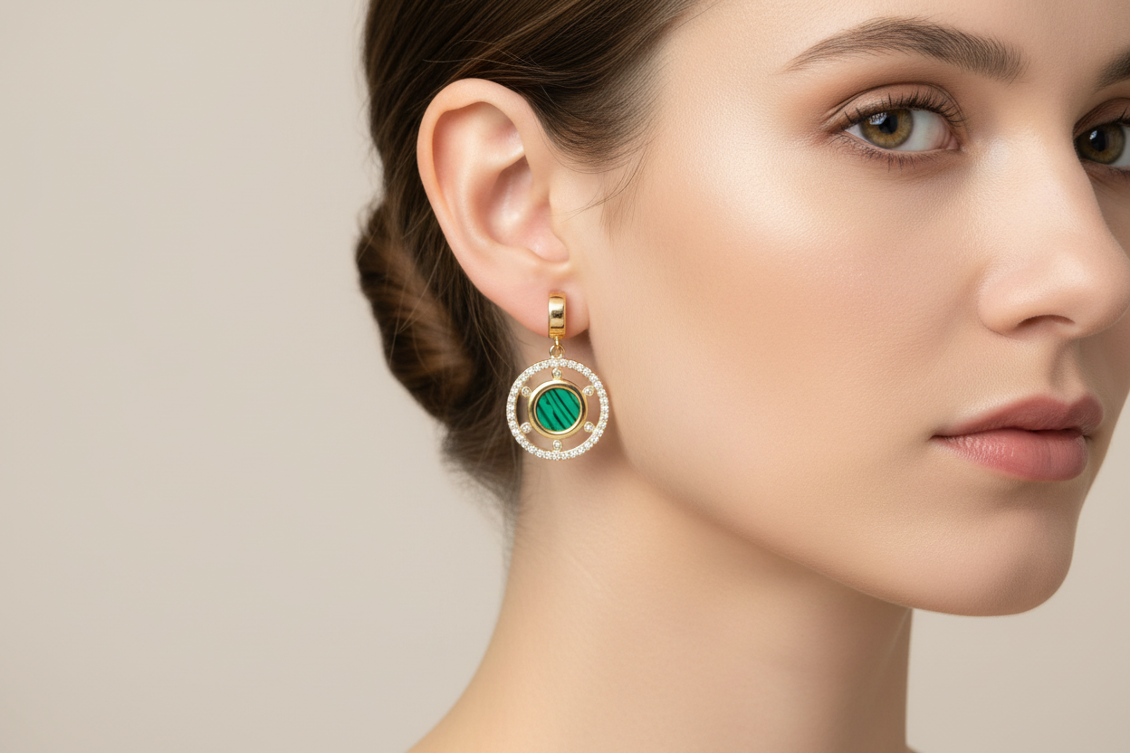 Pair of small gold malachite drop earrings on model