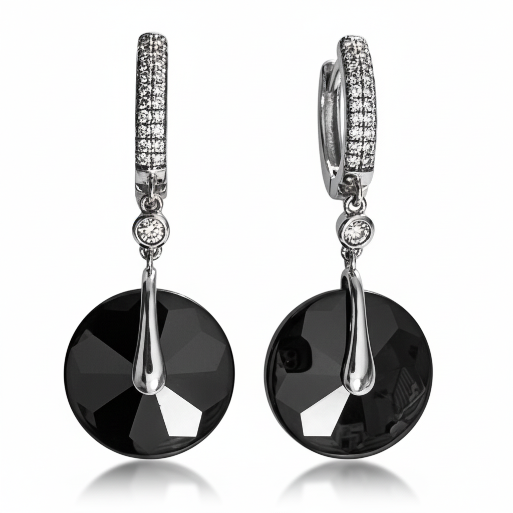 Petite black crystal drop earrings with silver hoops