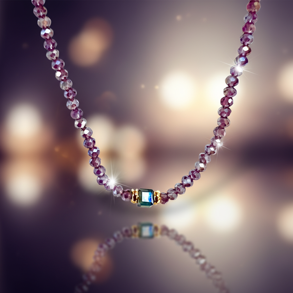 Purple beaded necklace with elegant background