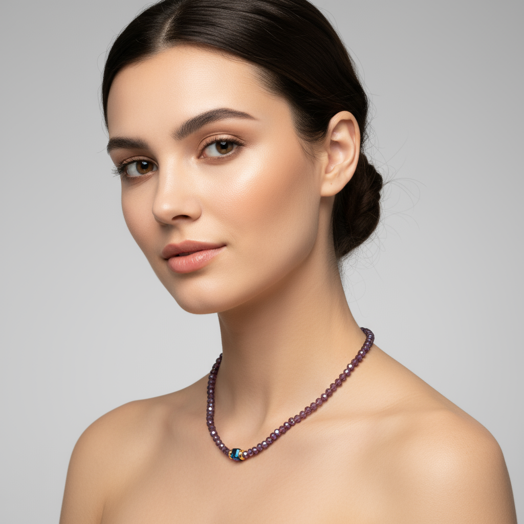 Purple beaded necklace with navy centerpiece on model