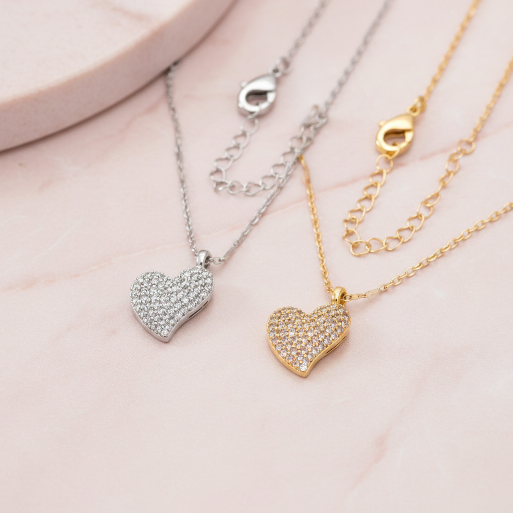 Radiant Heart Pavé Necklace Gold & Silver on Blush Marble