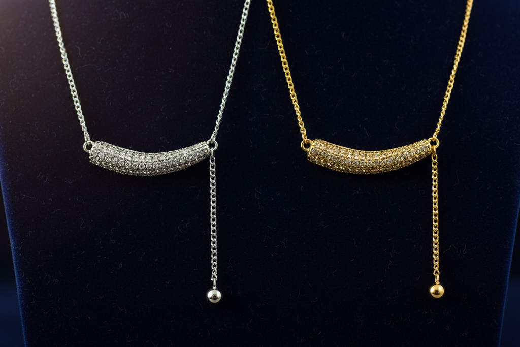 Silver and Gold Pavé Bar Lariat Necklaces on Dark Velvet