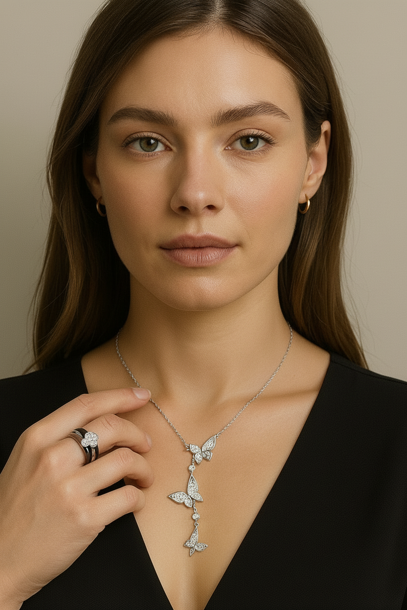 Silver butterfly necklace on model