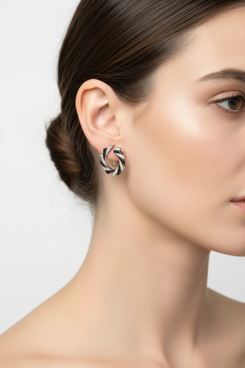Silver geometric hoop earrings worn on ear