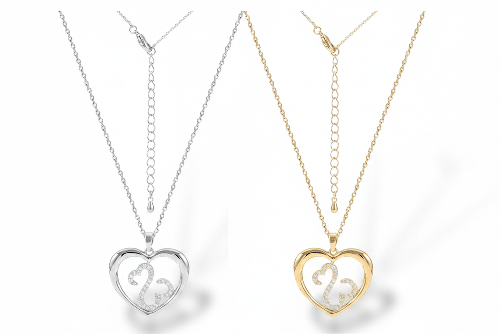 Silver & Gold Pavé Scroll Heart Necklaces