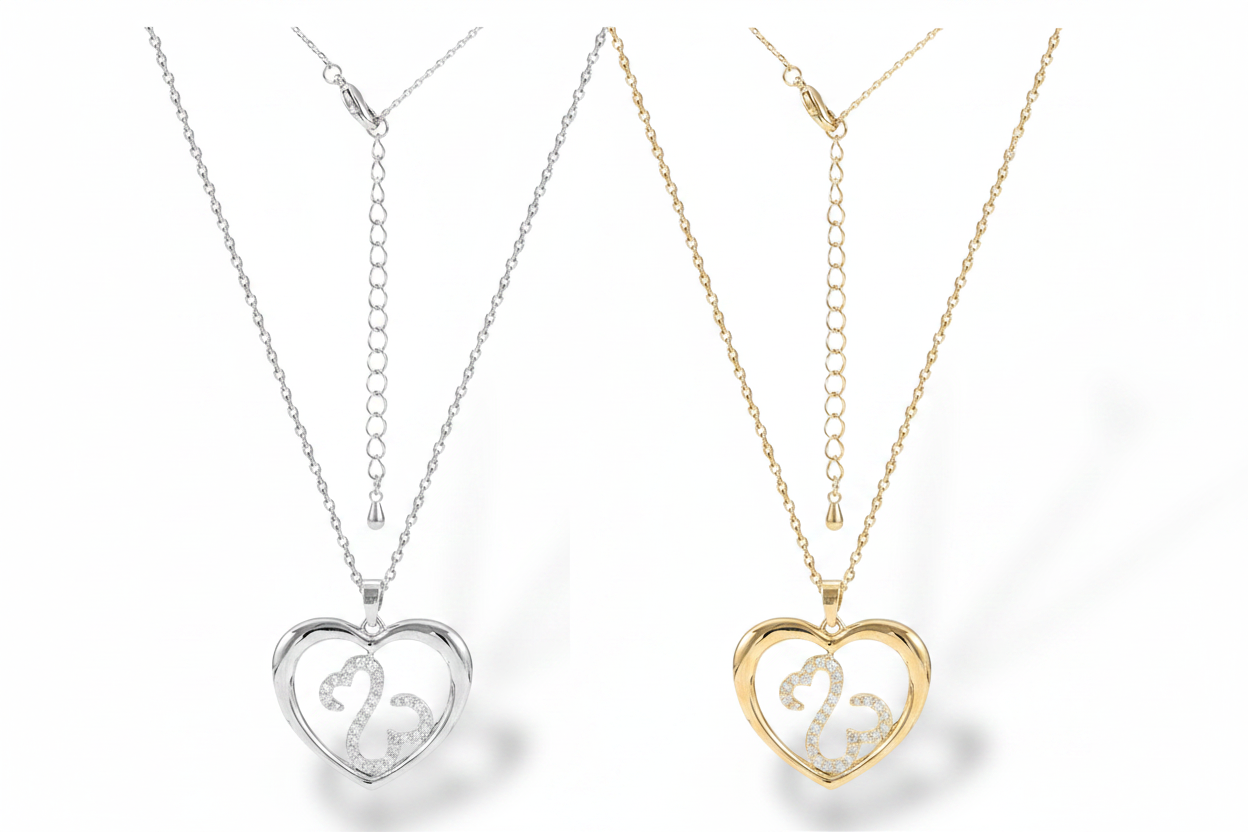 Silver & Gold Pavé Scroll Heart Necklaces