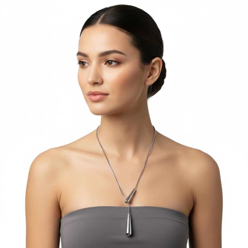 Silver lariat necklace on model