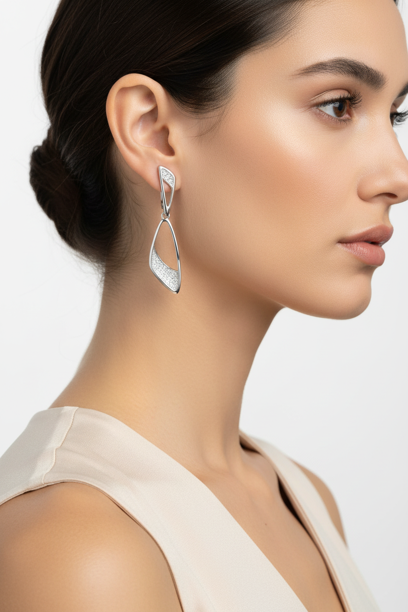 Silver pavé diamond earrings on model