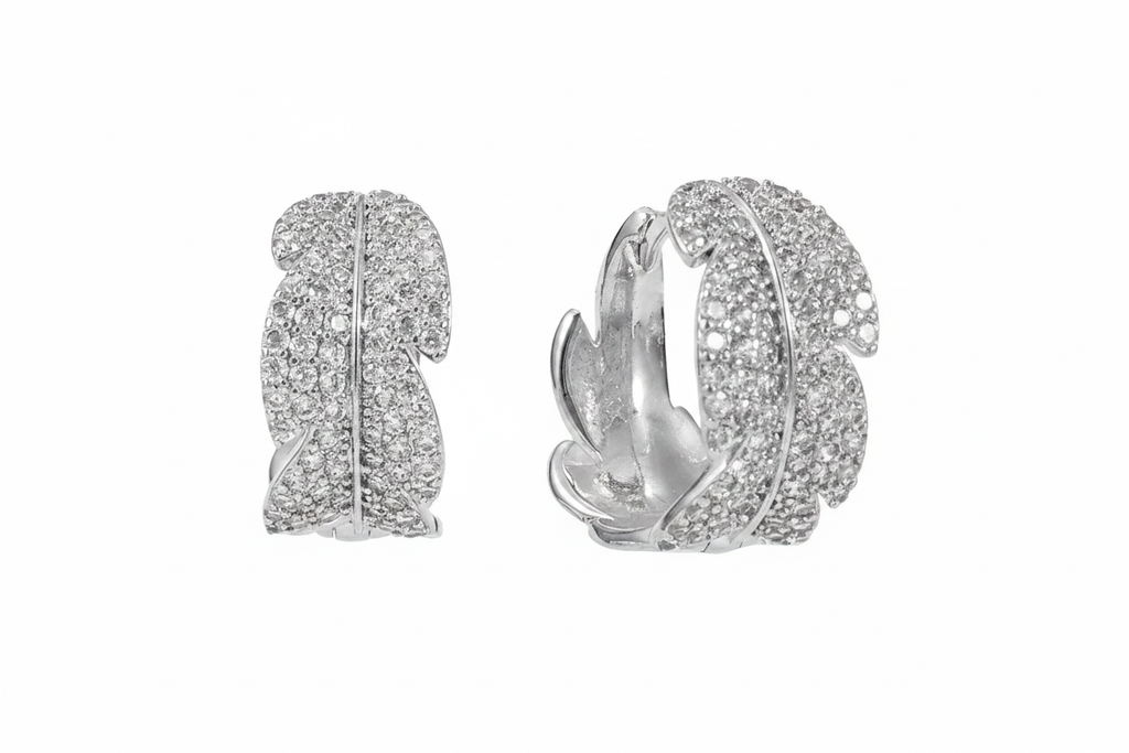 Silver Pavé Leaf Huggie Earrings