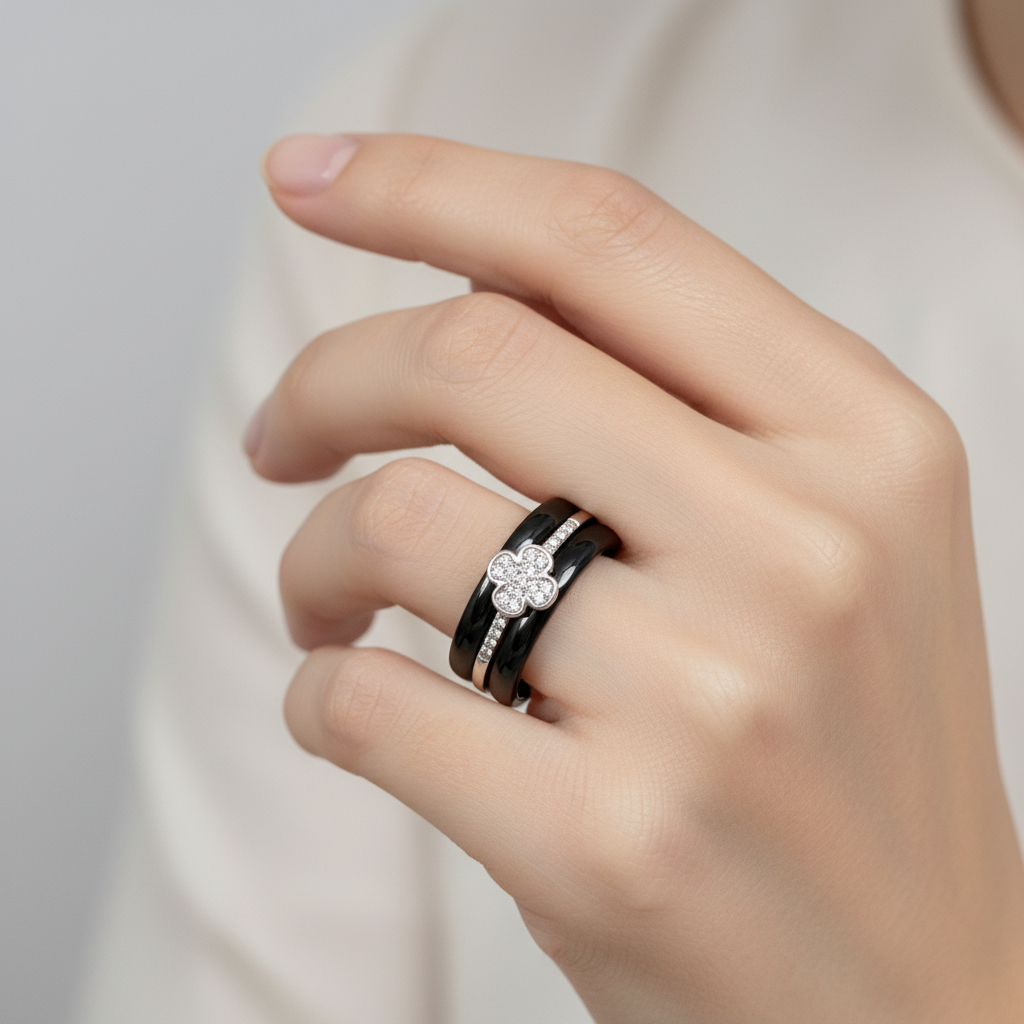 Silver ring set on model