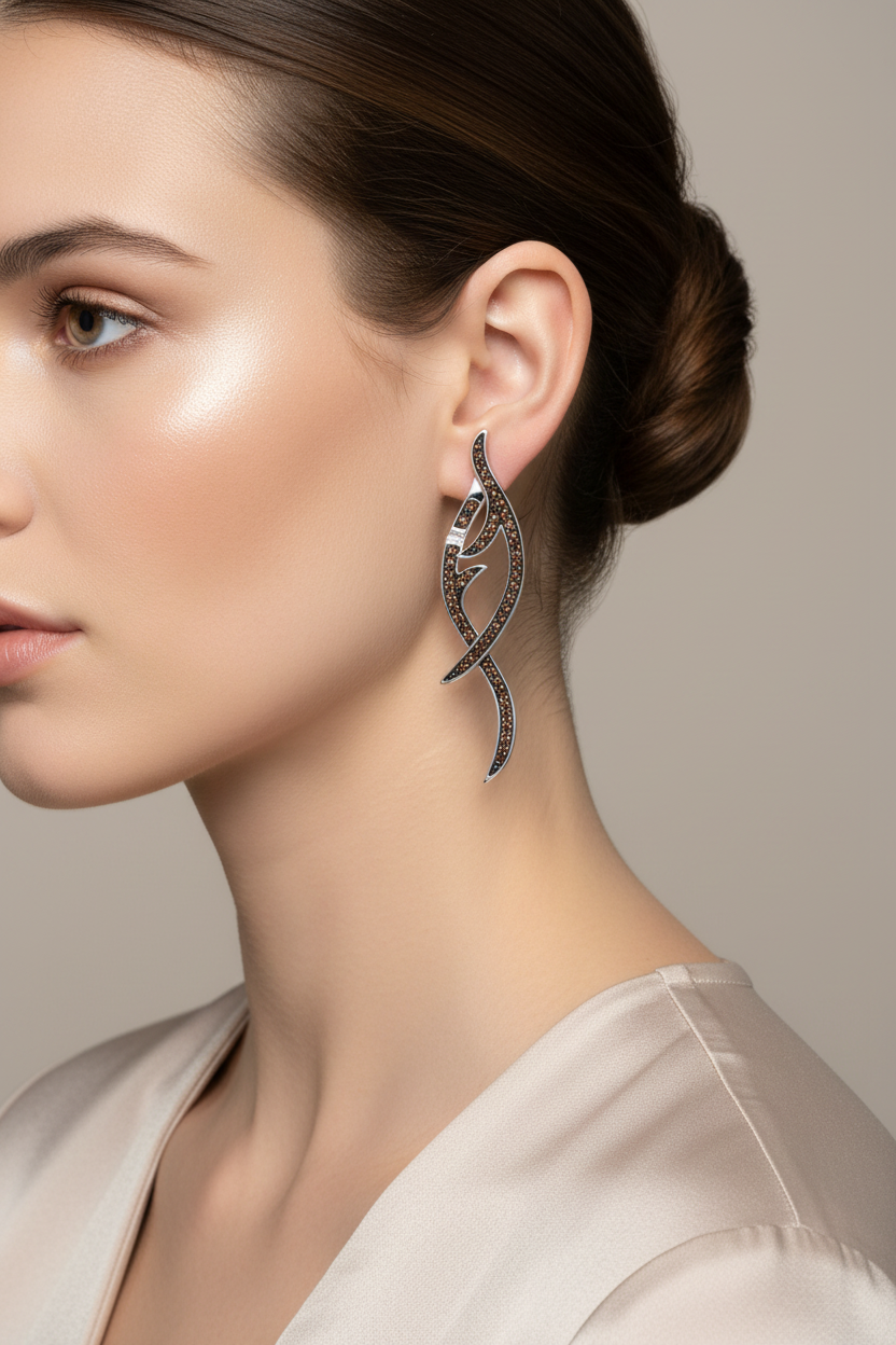 Silver twisted branch earrings on ear