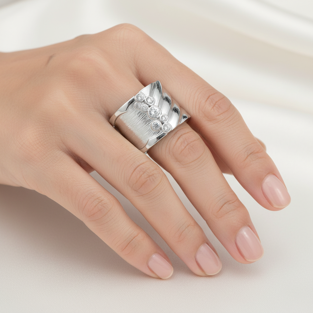 Silver Wide Band Crystal Ring on Finger