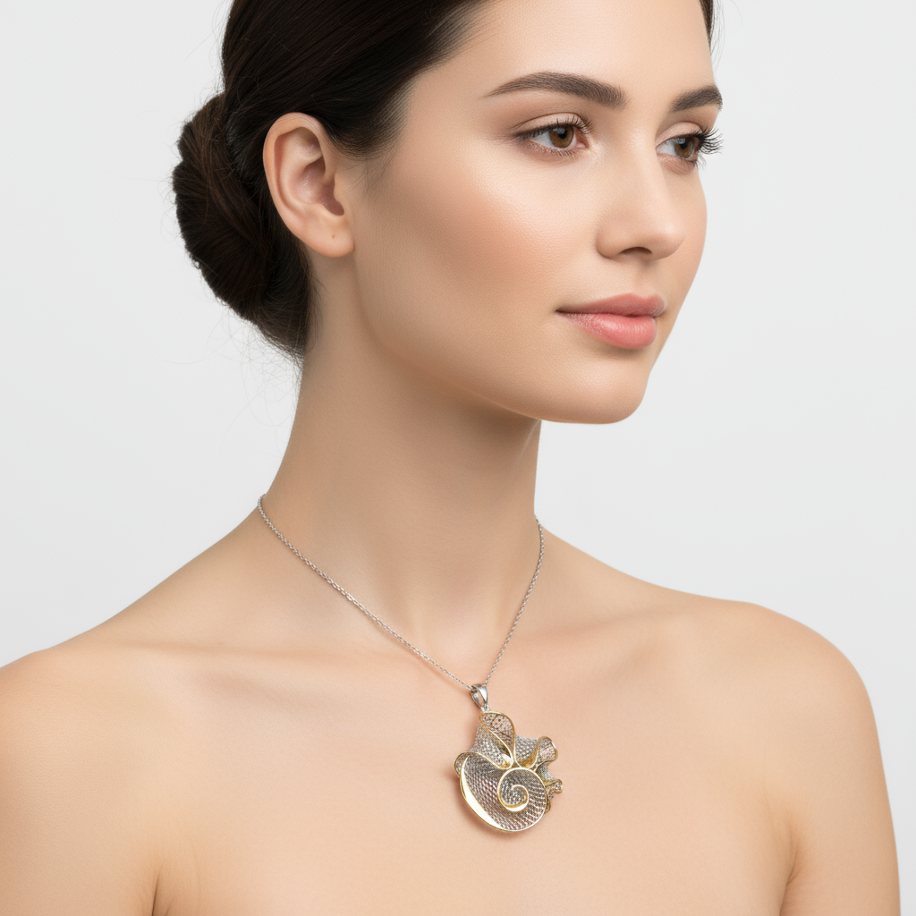 Spiral Bloom Mesh pendant necklace on model