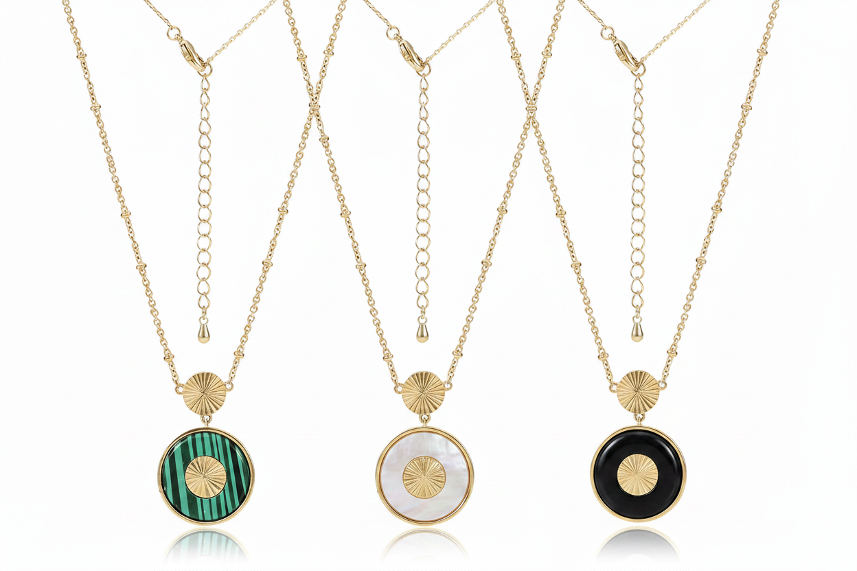 Sunburst Medallion Pendant Necklace – Malachite, MOP & Black