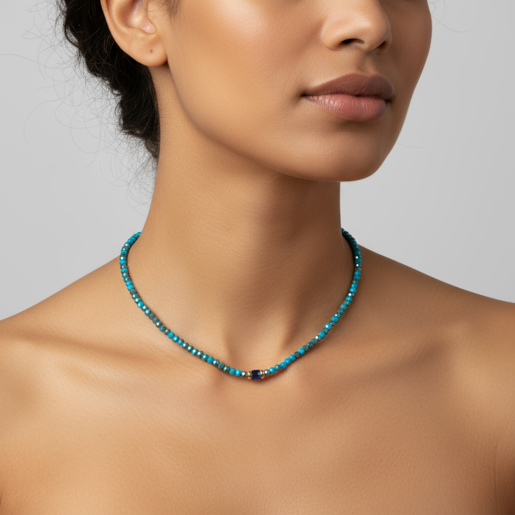 Teal and blue beaded necklace on model