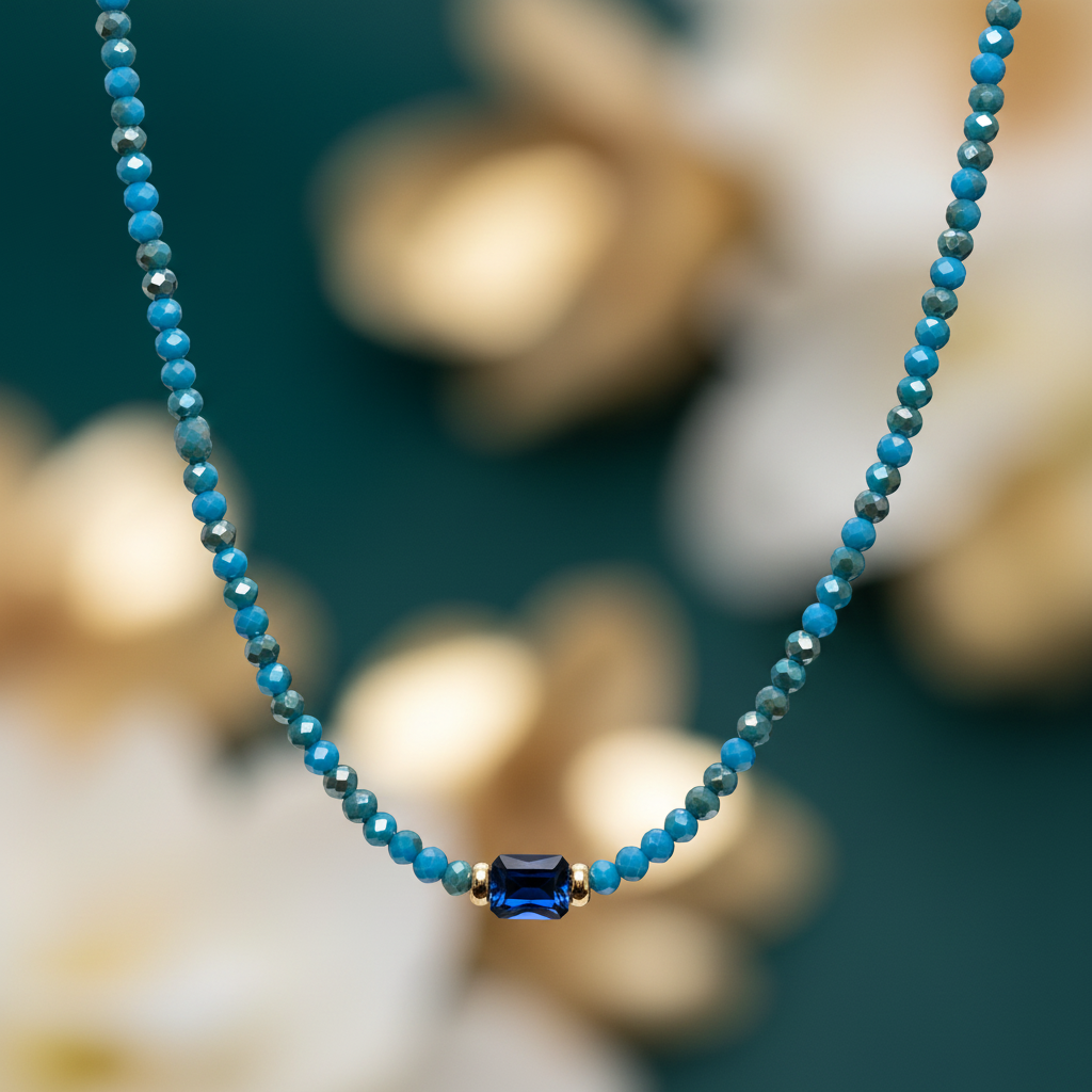 Teal and turquoise beaded necklace with elegant background