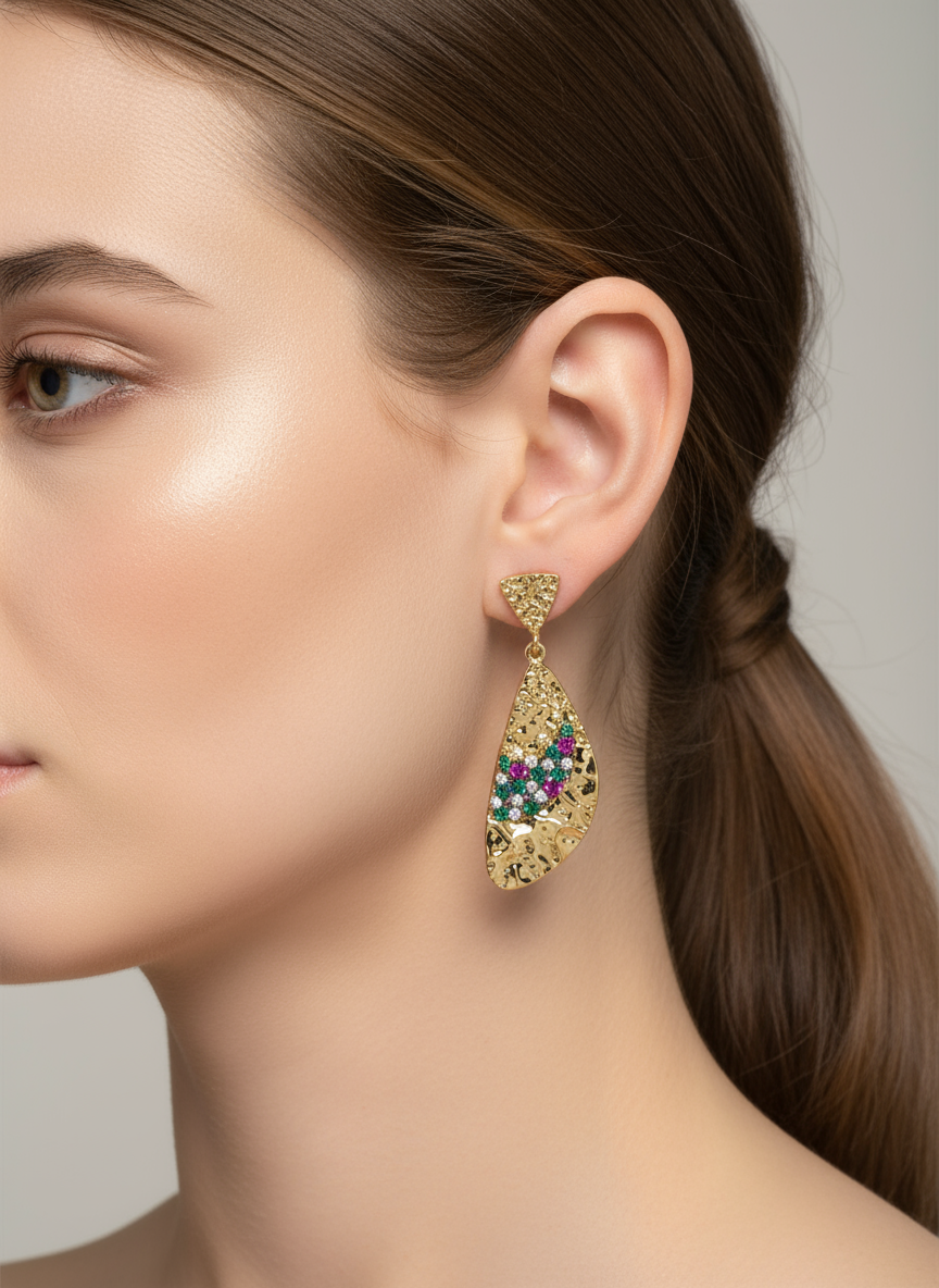 Textured gold drop earrings with colorful stones on model ear