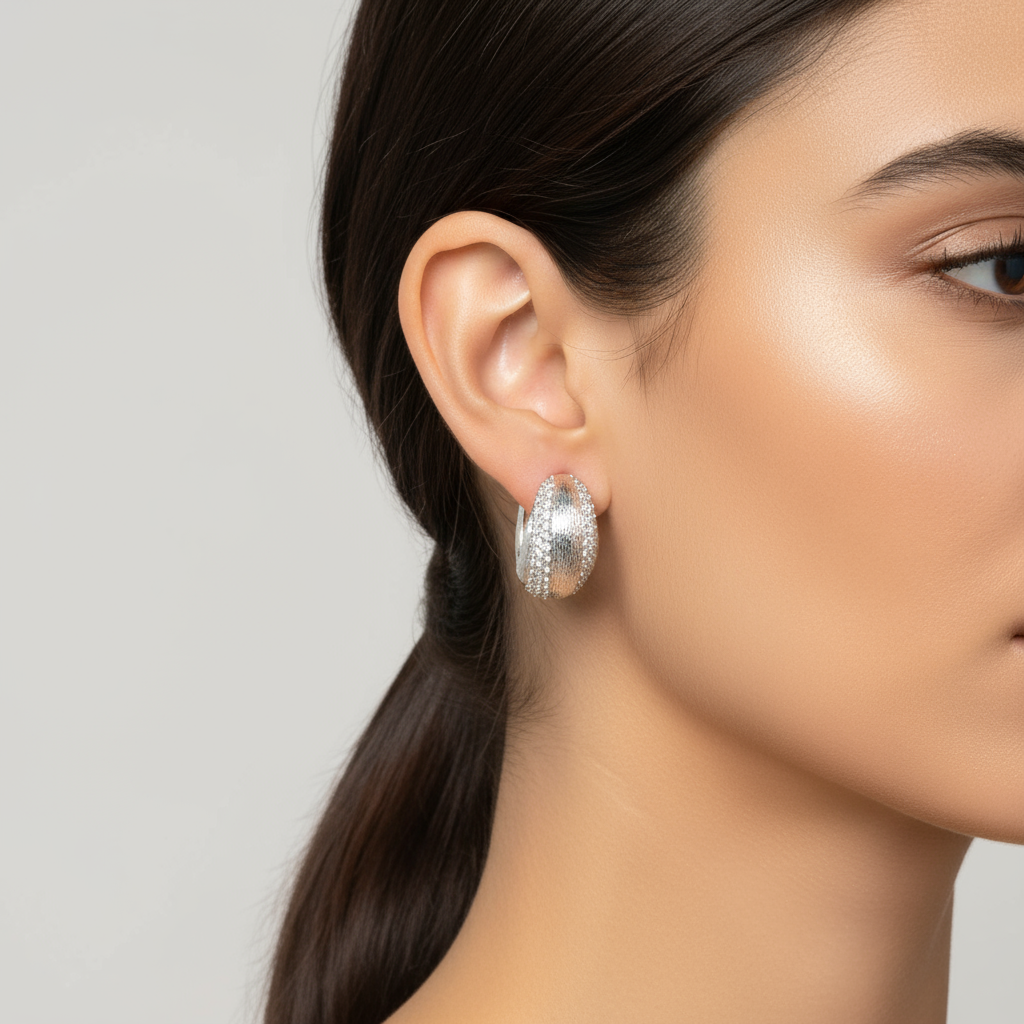 Textured oval earrings on model ear