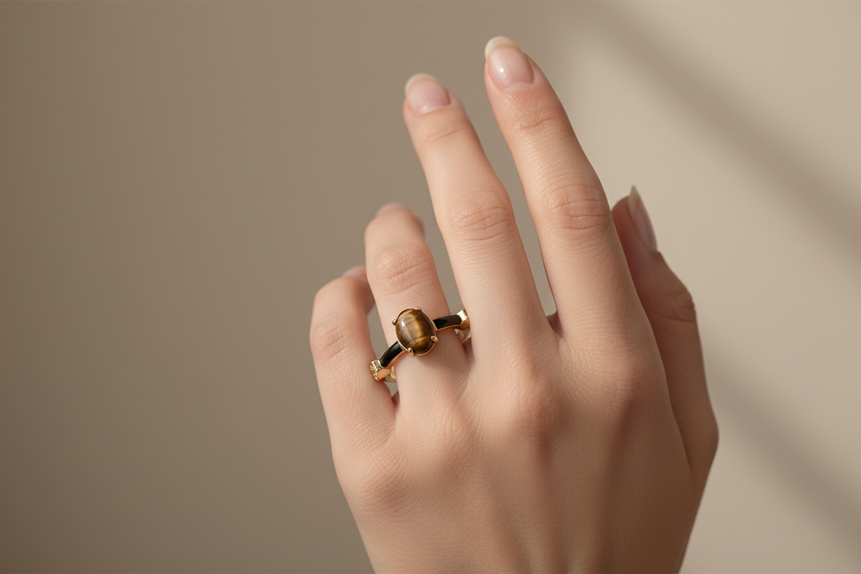 Tiger Eye Black Stone Ring on Model