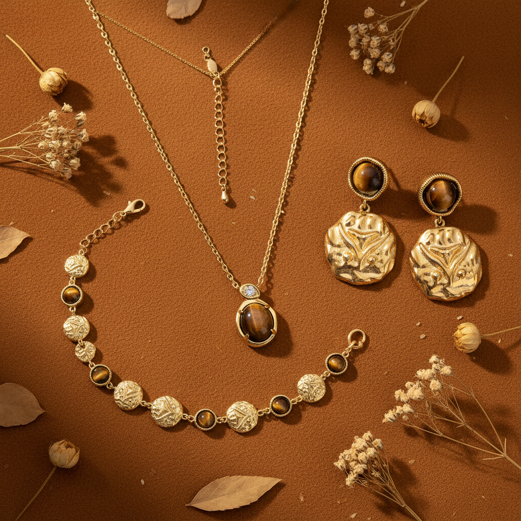 Tiger Eye Jewelry Set on Caramel Suede