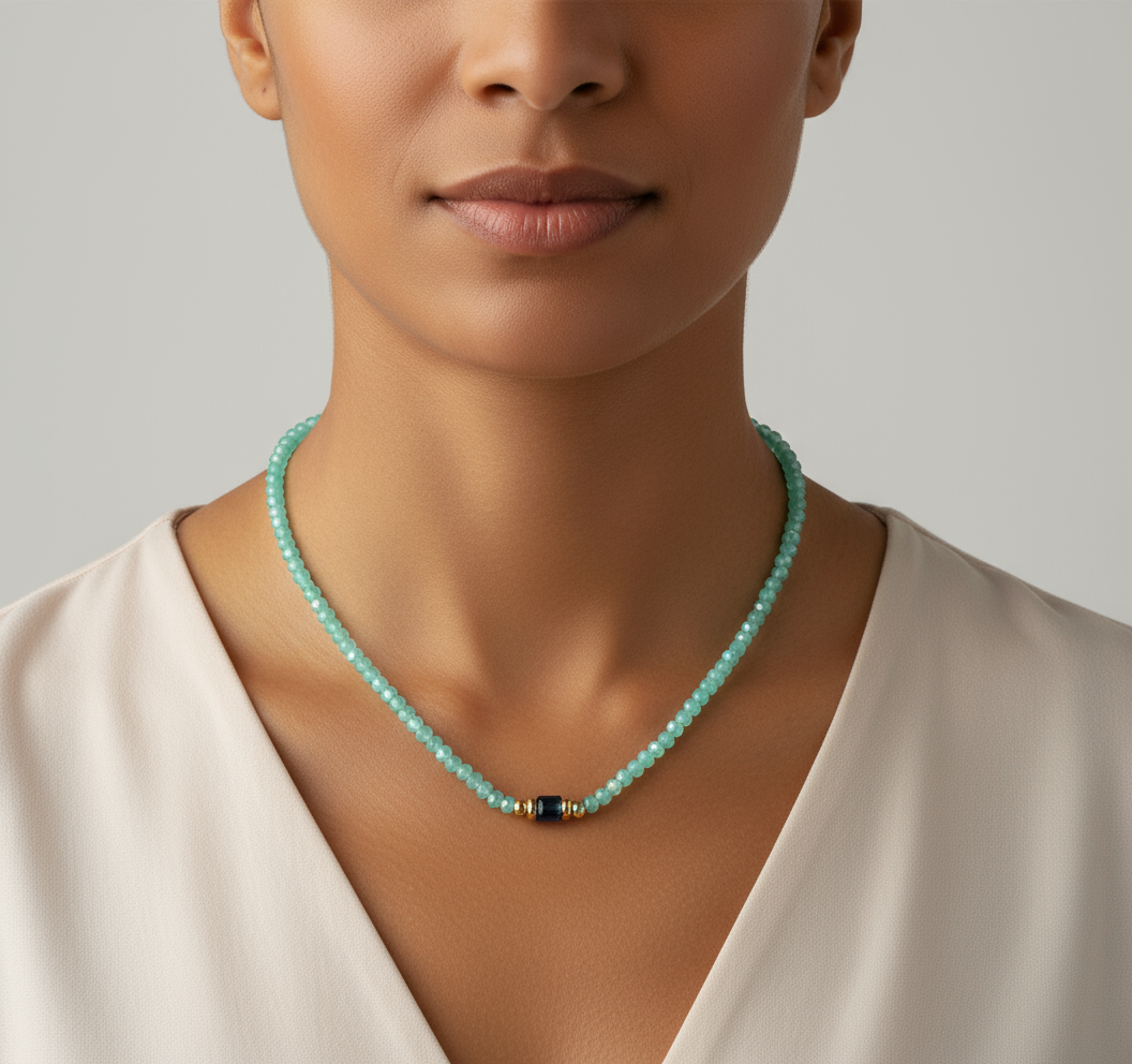 Turquoise beaded necklace on model