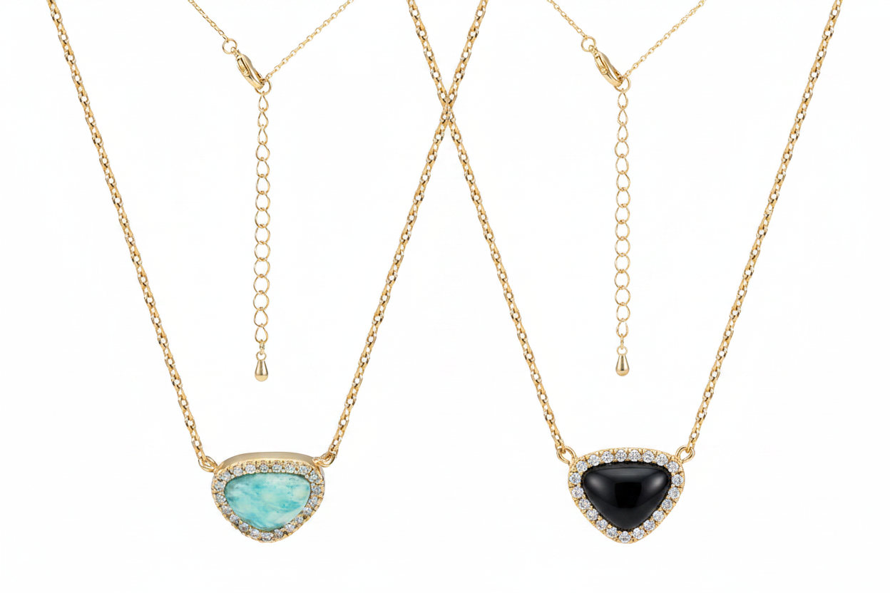Turquoise & Black Crystal Halo Pendant Necklaces