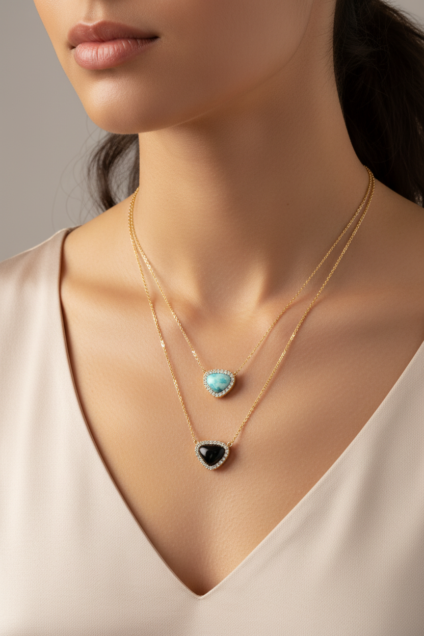 Turquoise & Black Necklaces on Model