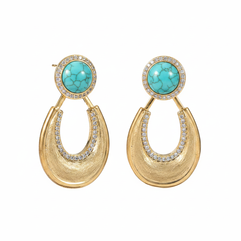 Turquoise Cabochon Gold Crescent Drop Earrings