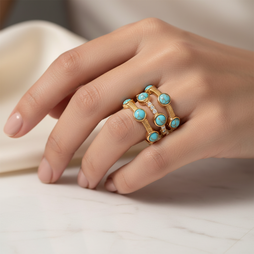 Turquoise Triple Band Ring on Finger