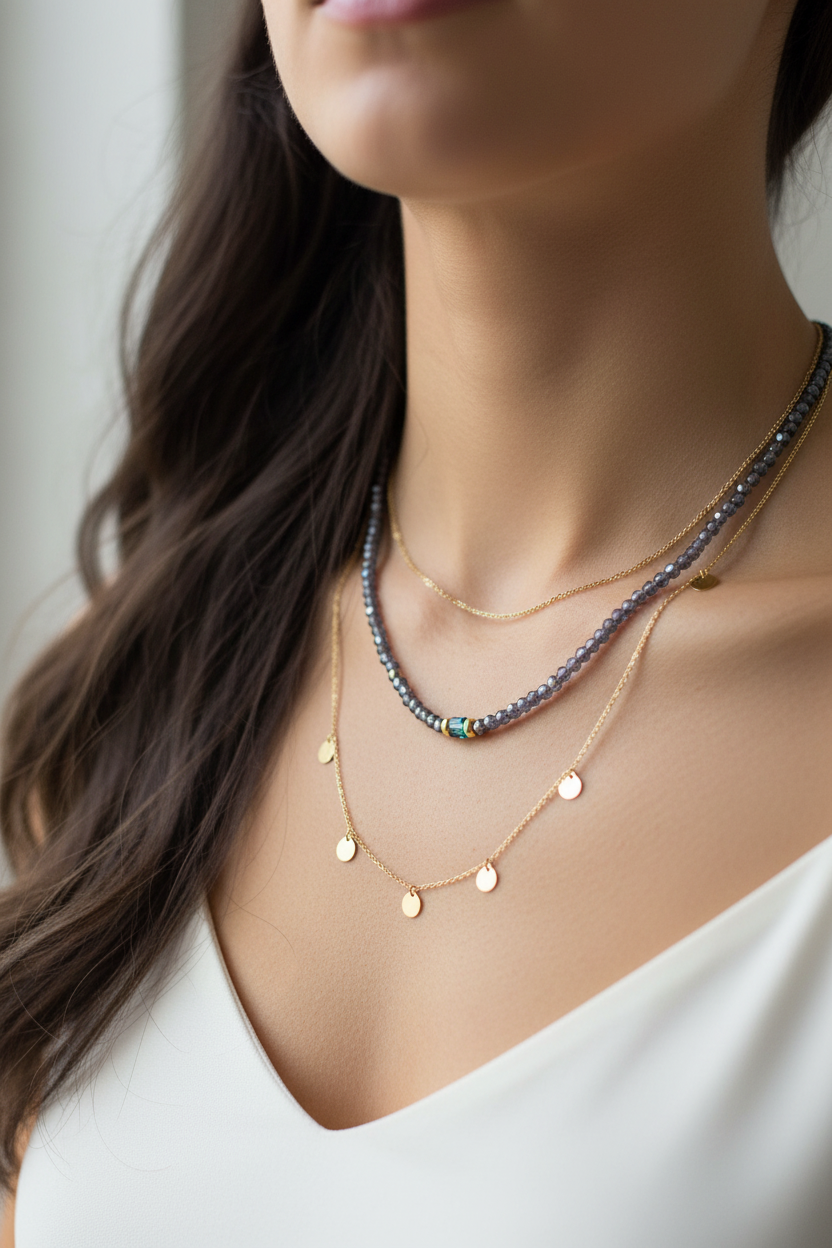 Twilight Glint Necklace Layered on Neck
