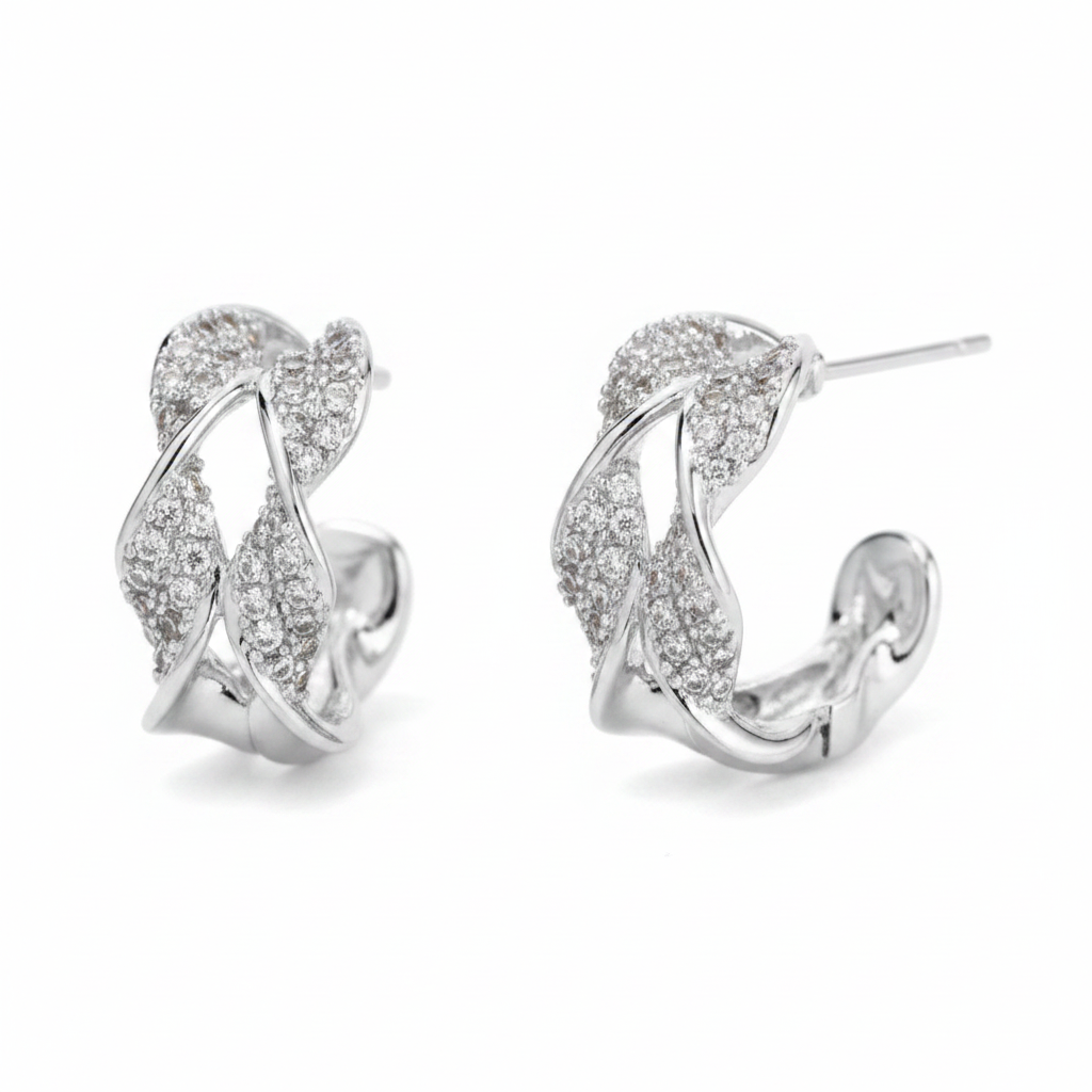Twisted Pavé Hoop Earrings in Silver