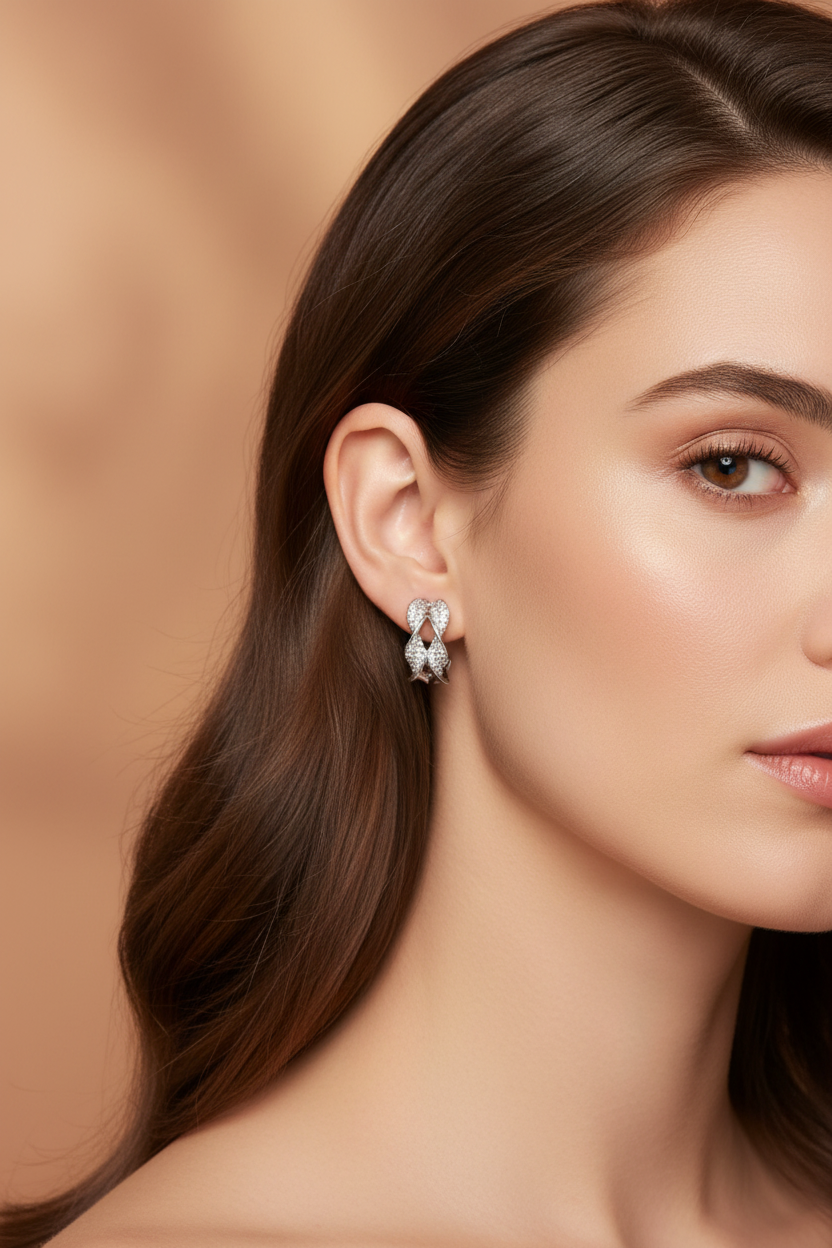 Twisted Pavé Hoop Earrings – Model Wearing Silver