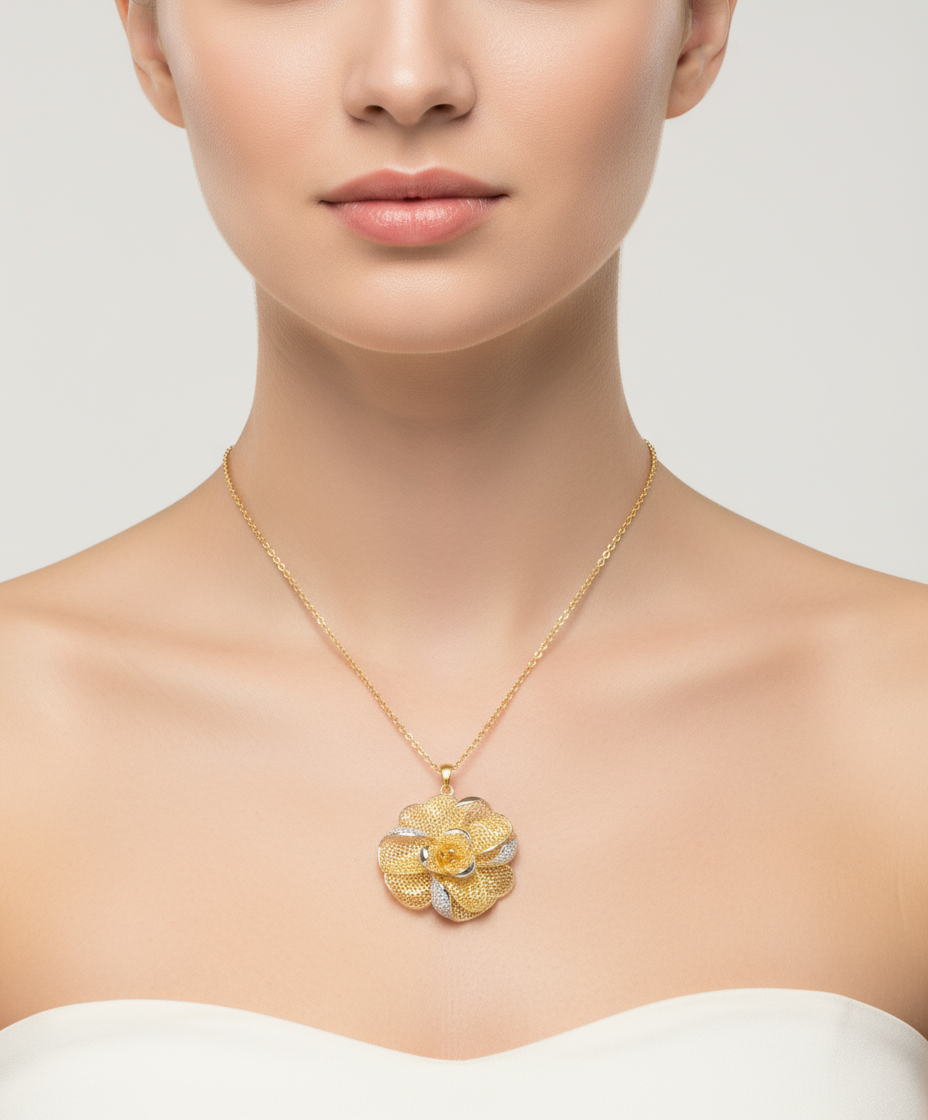 Two-tone mesh flower pendant necklace on model - smaller size